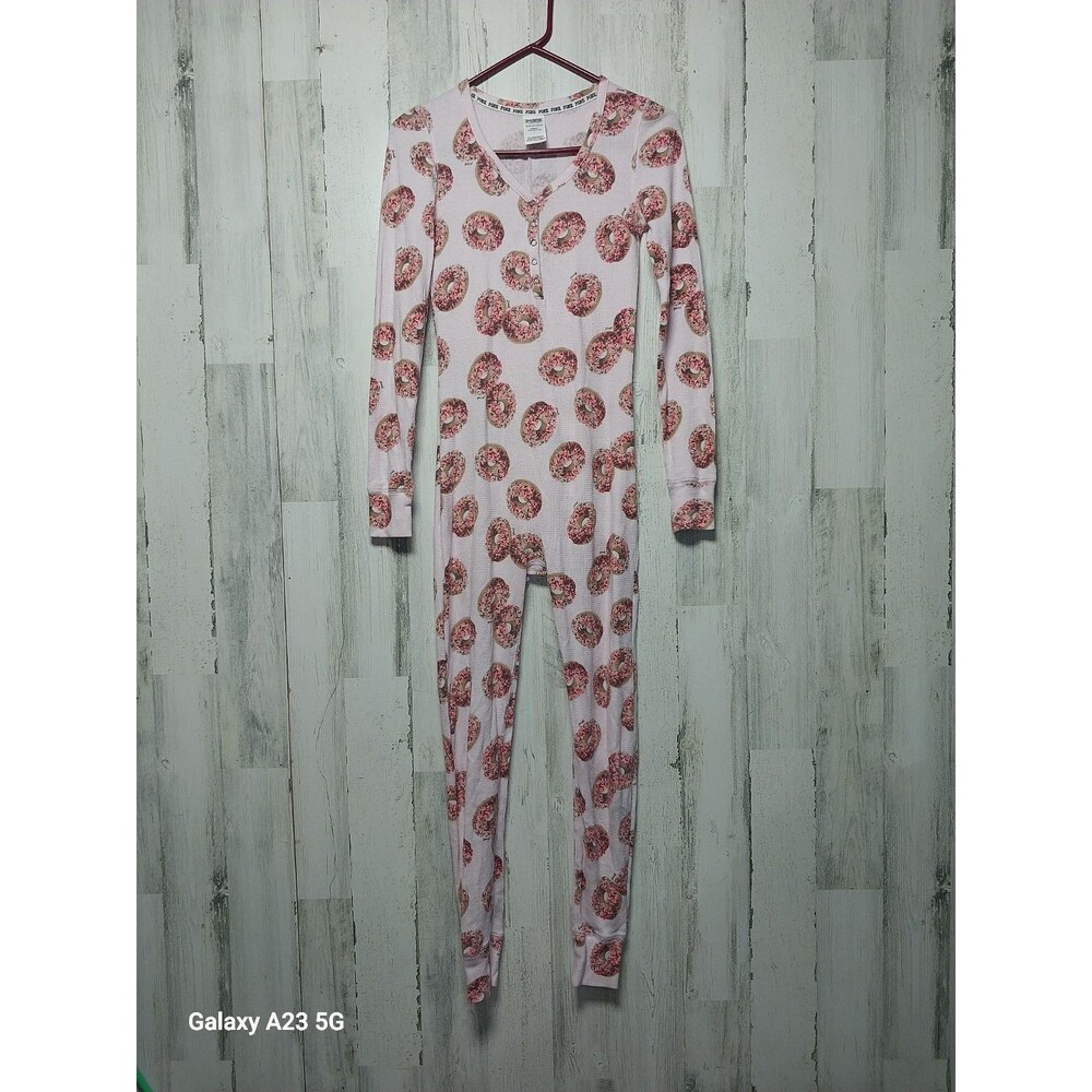 Victoria's Secret Pink Thermal Long Pink Donuts One Piece Pajamas Size XS